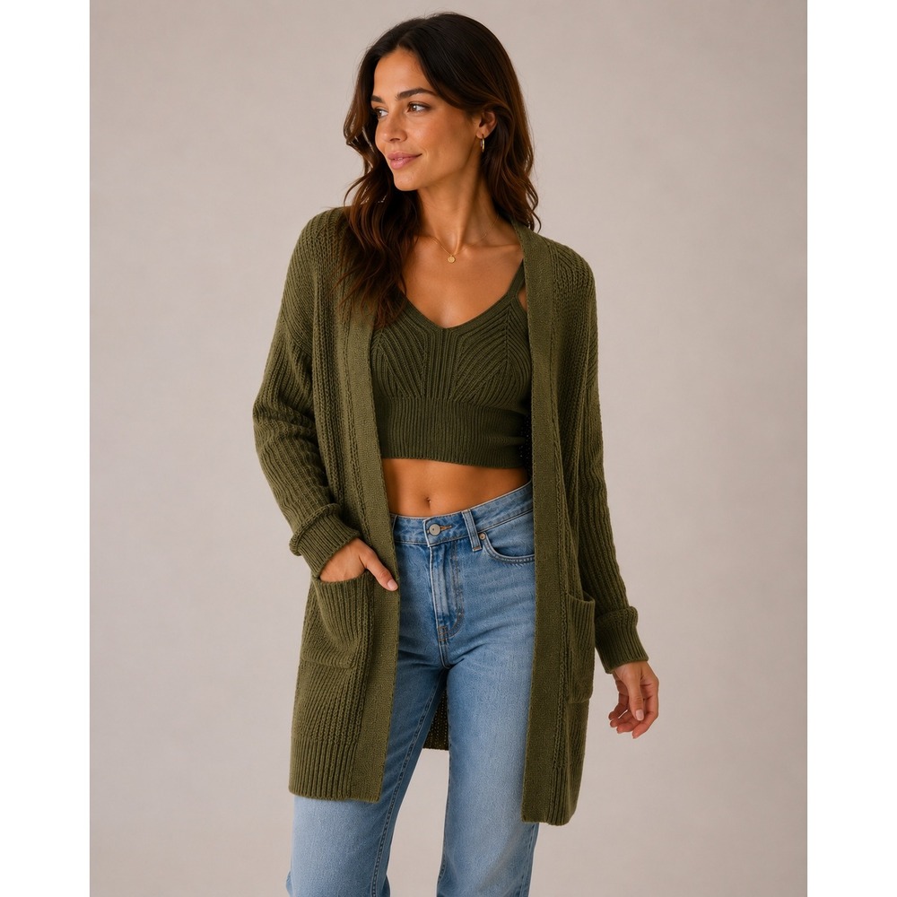 Auden Women Olive Green Ribbed‎ Knit Cardigan and Camisole Set XS/med New